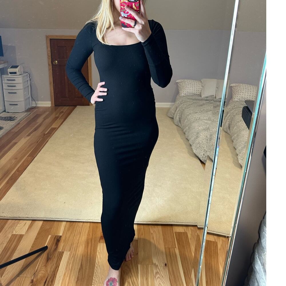 Skims: Black Ribbed Cotton Long Lounge Dress